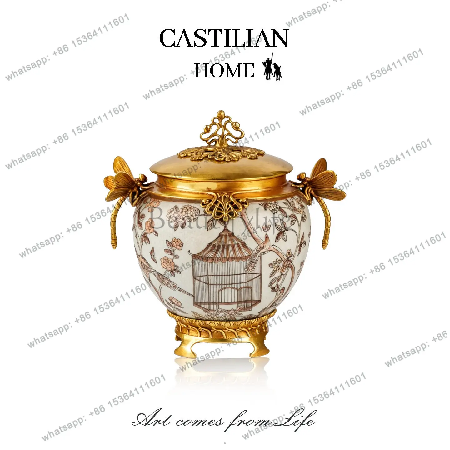 New Chinese light luxury flower bird cage pattern ceramic storage tank living room entrance decoration