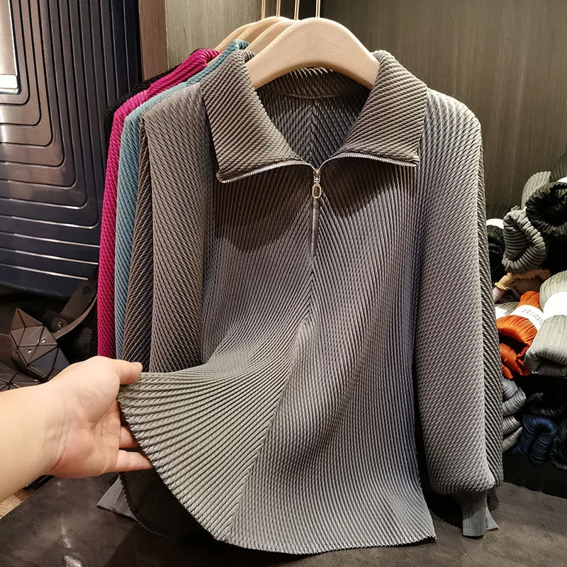 

Miyake Pleated T-shirt Lapel Fold Tops Women Spring New Solid Colour Loose Big Yards Versatile Long-sleeved Pleat Pullover