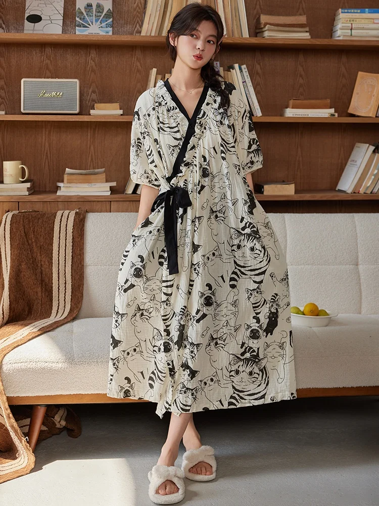 

Summer Thin Pure Cotton Sp Robe Women's Home Clothes with Chest Pad Mid-Length Cartoon Cute Printable V-Ne ort Sve