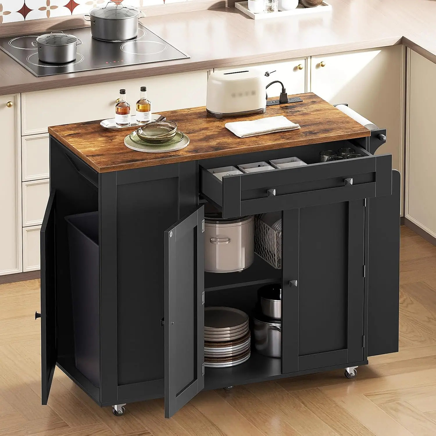 Kitchen Island Cart with Trash Storage Charging Station Spice Rack Wheels for Kitchen Rustic Brown, Customized