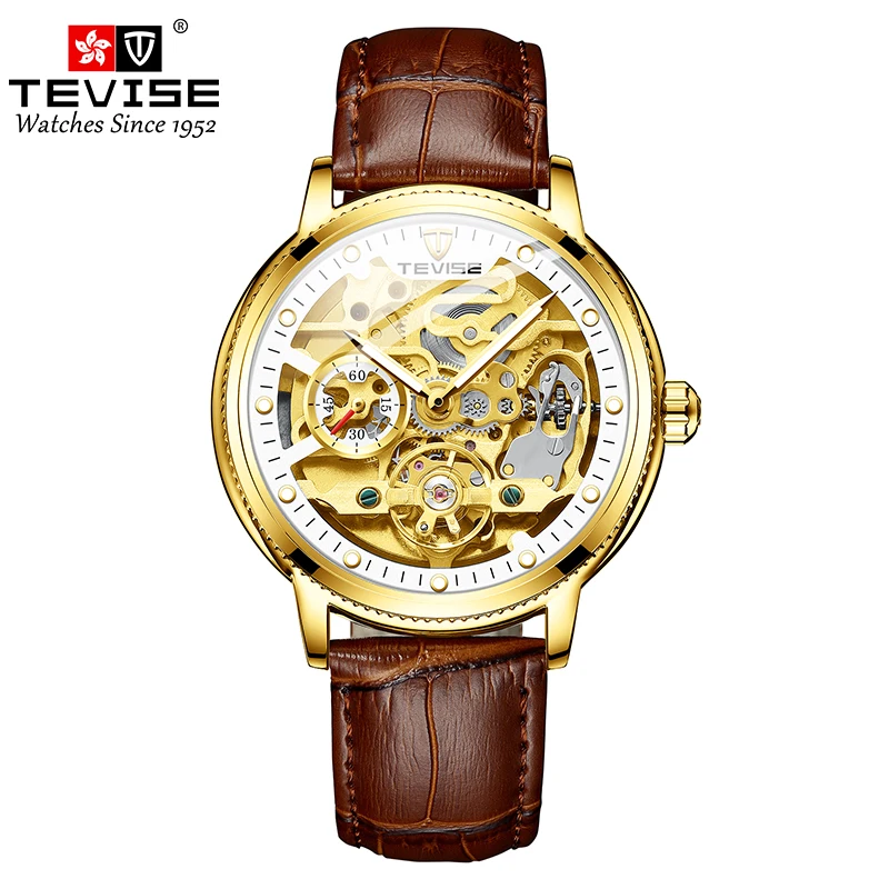 TEVISE Automatic Leather Hollow meccanico per uomo impermeabile luminoso Business & Fashion orologio da polso in acciaio inossidabile