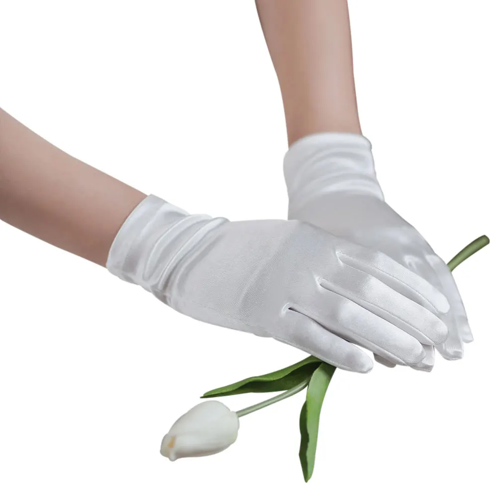 WG066 Elegant Satin White Short Bridal Gloves Finger Wrist Brides Bridesmaid Handschuh Women Pageant Perform Prom Accessories