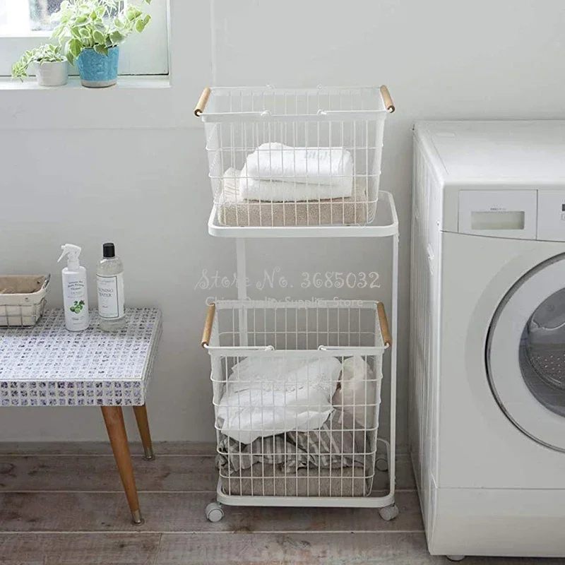 Double Layer Cloth Storage Baskets Rack Floor Stand Bathroom Clothing Storage Sundries Iron Laundry Storage Basket with Wheel