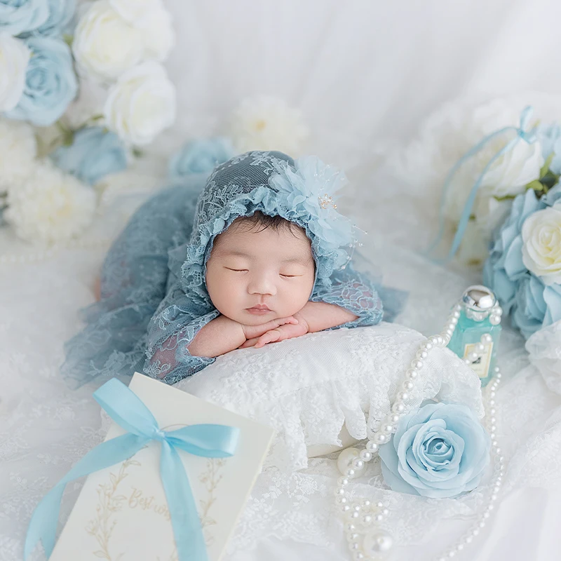 Baby Photography Clothes Baby Girl Lace Hat+Posing Pillow+Lace Dress 5pcs/Set Simulated Flower Prop Kid Photoshoot Accessories