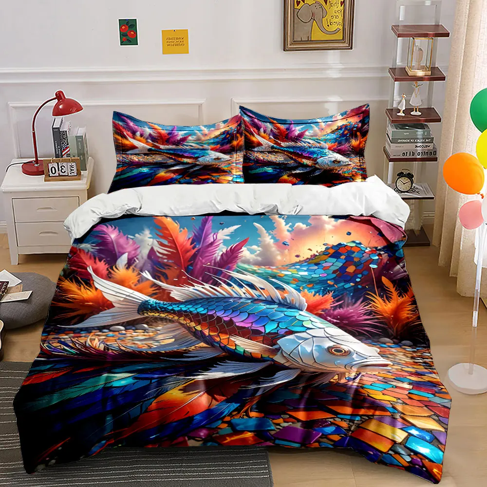 Rainbow-colored dreamlike fish with feathered Printed Duvet Cover Set 1Duvet Cover 2Pillowcase Multi Size Bedroom Bedding Decor