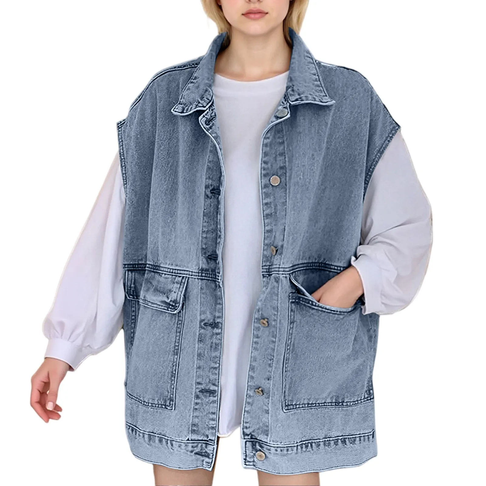 

Винтажное джинсовое пальто, жилет на плечо, женская универсальная куртка свободного кроя, одежда для пар в японском стиле без рукавов для верхней одежды