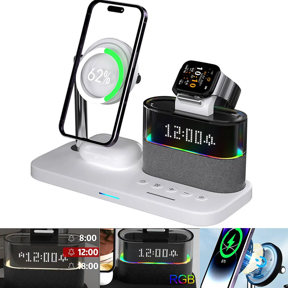 Magnetic Wireless Charger 15W 5-in-1 Wireless Charger Clock Wireless Charger for IPhone IWatch Ultra AirPods Samsung