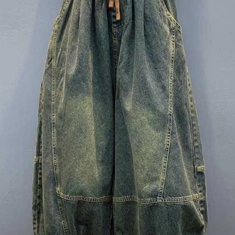Women's Spring Autumn Oversized Jeans Cowboy Pants Wide Leg Elastic Waist Doing Old Big Size Vintage Loose Casual Soft Versatile
