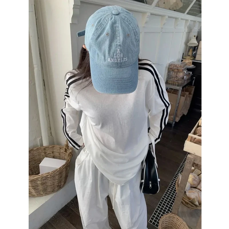 Lazy Style Contrast Striped Loose Tops Summer New Long Sleeve Thin Youth Street Casual T Shirts Fashion Korean Women Clothing