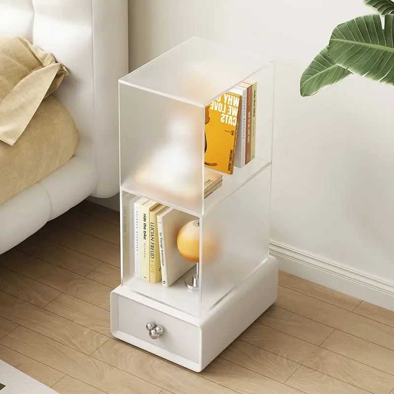 LMM acrylic bedside table solid wood storage narrow small white ins wind living room corner small side cabinet