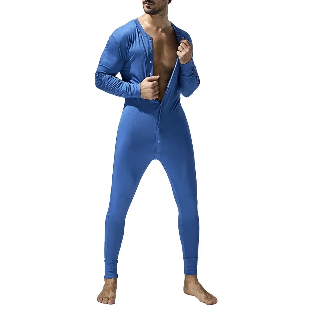 Macacão masculino macacão pijamas botão para baixo bodysuit manga longa bodycon pijamas único breasted roupas confortáveis M-XXL