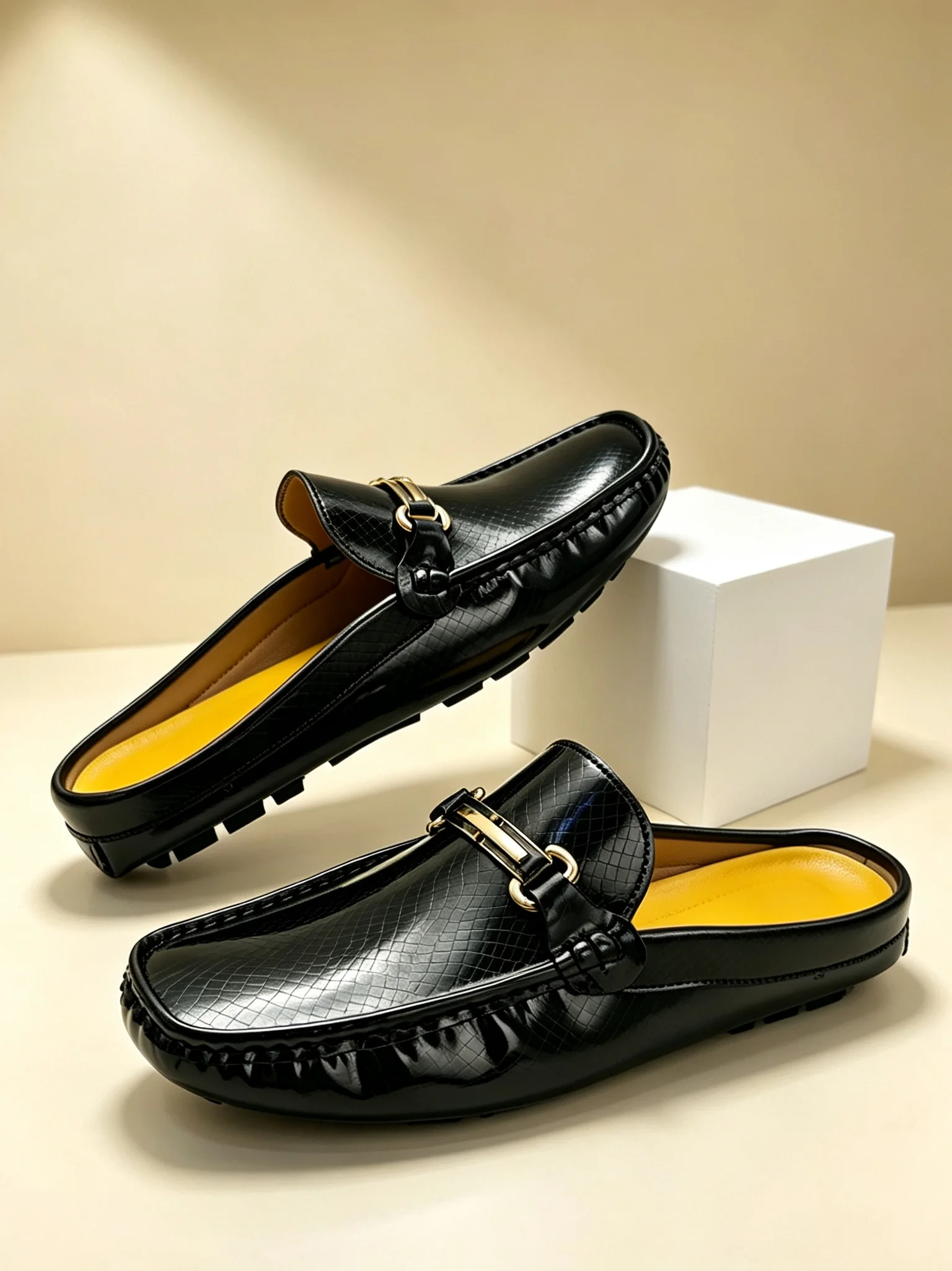 2026 New Summer Mules Men Half Shoes for Man Patent Leather Mens Semi-Drag Casual Shoes Backless Loafers Slippers Male Slides