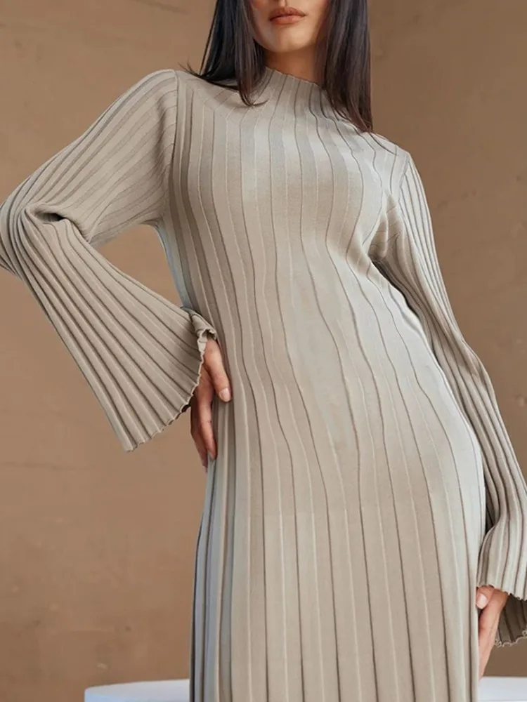 Elegant Turtleneck Knitted Sweater Dress for Women Fashion Long Sleeve Slim Casual Maxi Dress Fall Winter Holidays Party Dress