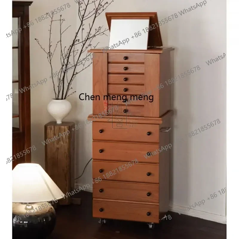 A114X  Vintage Cherry Wood Mobile Jewelry Cabinet Multi-Purpose Storage Multi-Drawer Dresser Cabinet