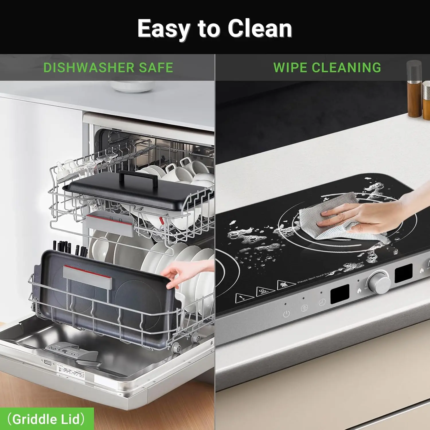 Double Induction Cooktop with Removable Iron Cast Griddle Pan Non-stick, 1800W 2 burner Portable Induction Stove With Sensor Tou