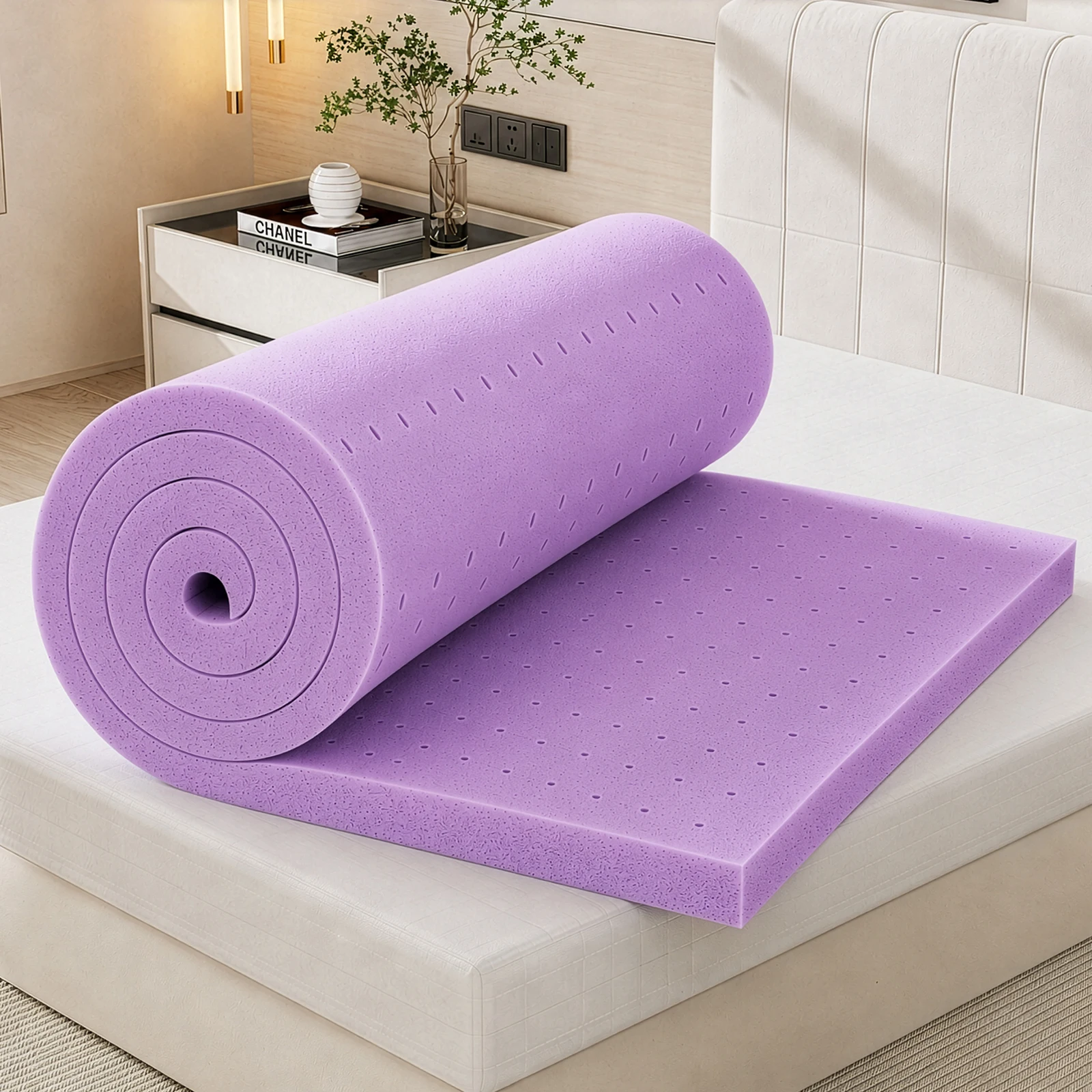 JHK 3 Inch Cooling Memory Foam Mattress Topper CertiPUR-US Certified Purple Gel Ventilated Soft Pressure Relief Mattress Pad Breathable Bed Topper for Bedroom and Sleeper Sofa