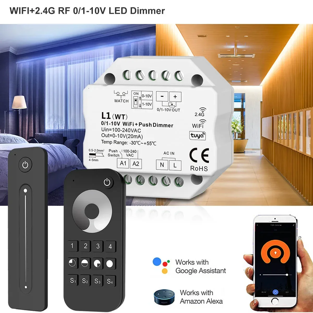 Sem fio Tuya WiFi Push Switch, Controlador Dimmer, 2.4G RF, Touch Dimming, Controle remoto para LED Dimmable Drive, AC85V-220V L1, 0-10V, 1-10V