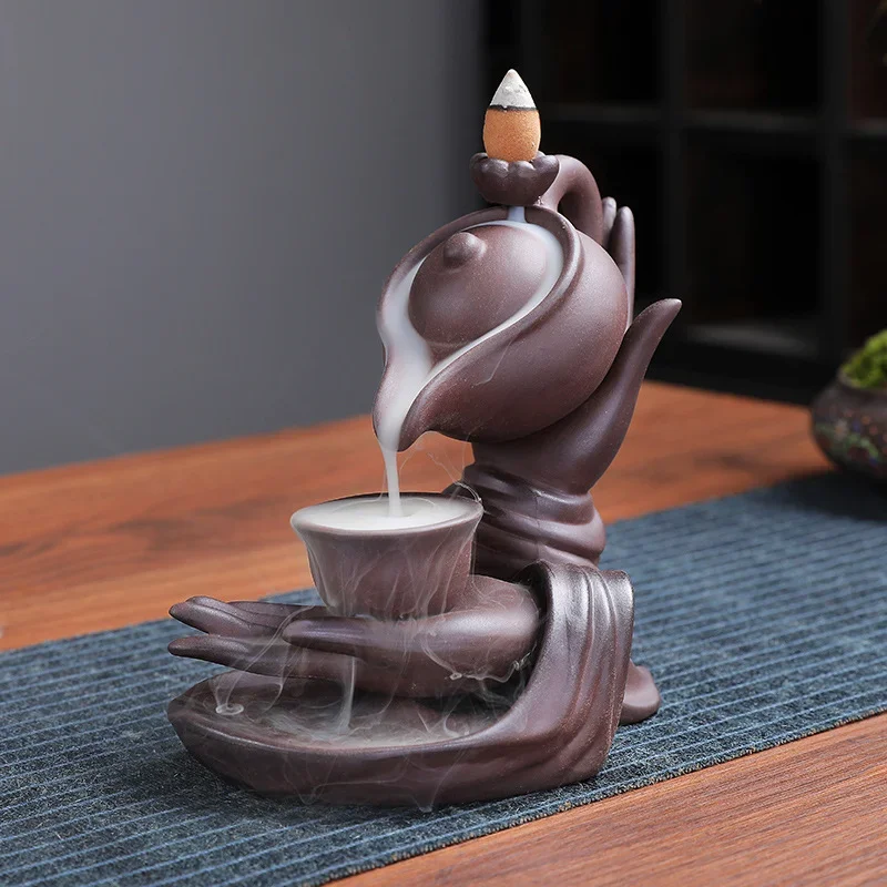 Buddha Hand and Teapot Backflow Incense Burner Home Interior Figurines Crafts Meditation Room Decorative Incense Burner Holder