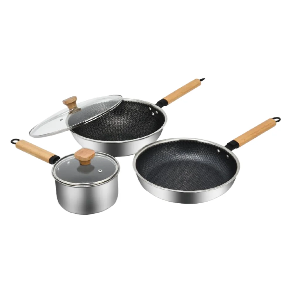 

3-Piece Stainless Steel Frying Pan & Pot Cookware Set with Detachable Handles Modern Design Durable Gas Cooker Compatible