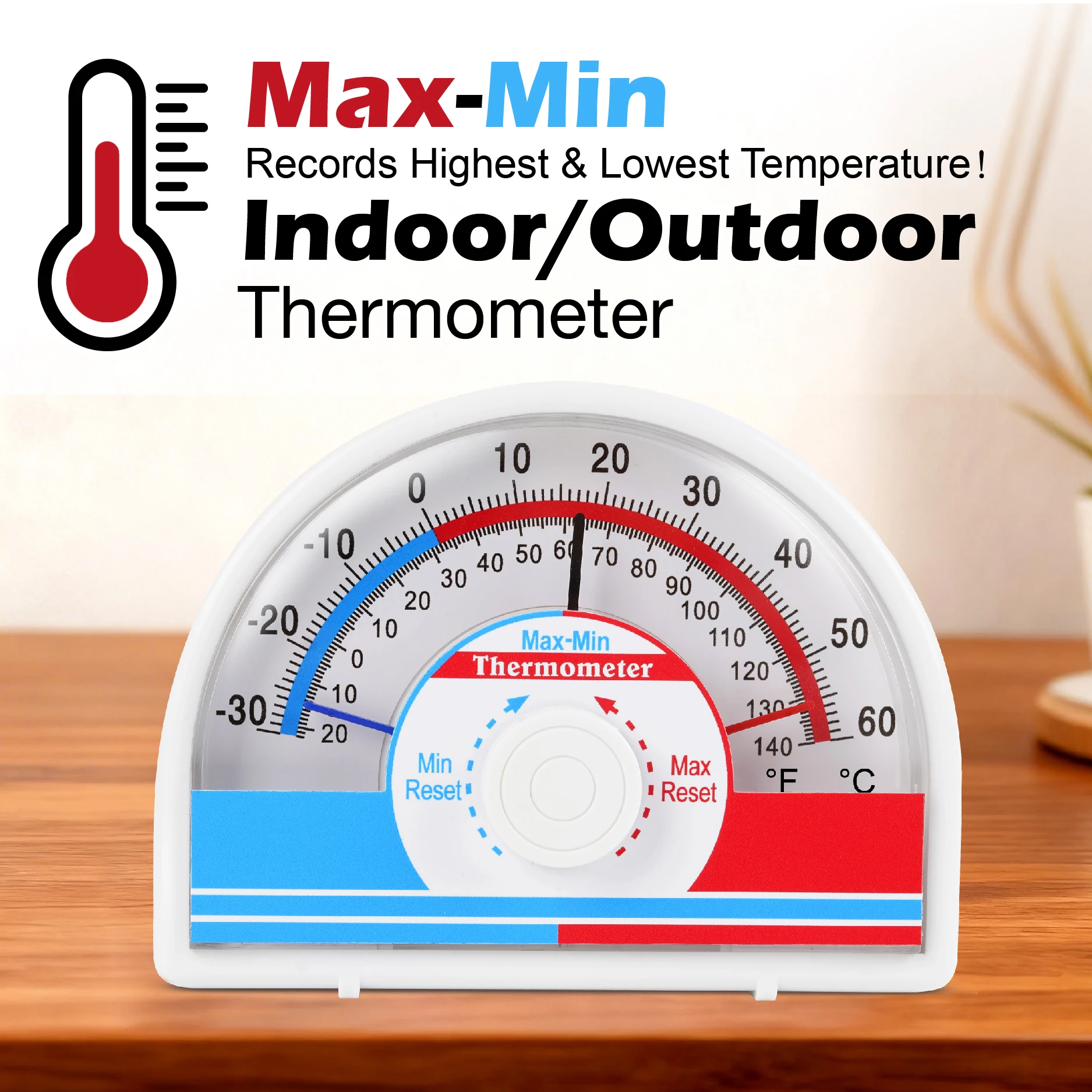 

Max-Min Indoor Outdoor Thermometer with Manual Reset | Battery-Free Mechanical Temperature Gauge for Home, Garage, Greenhouse
