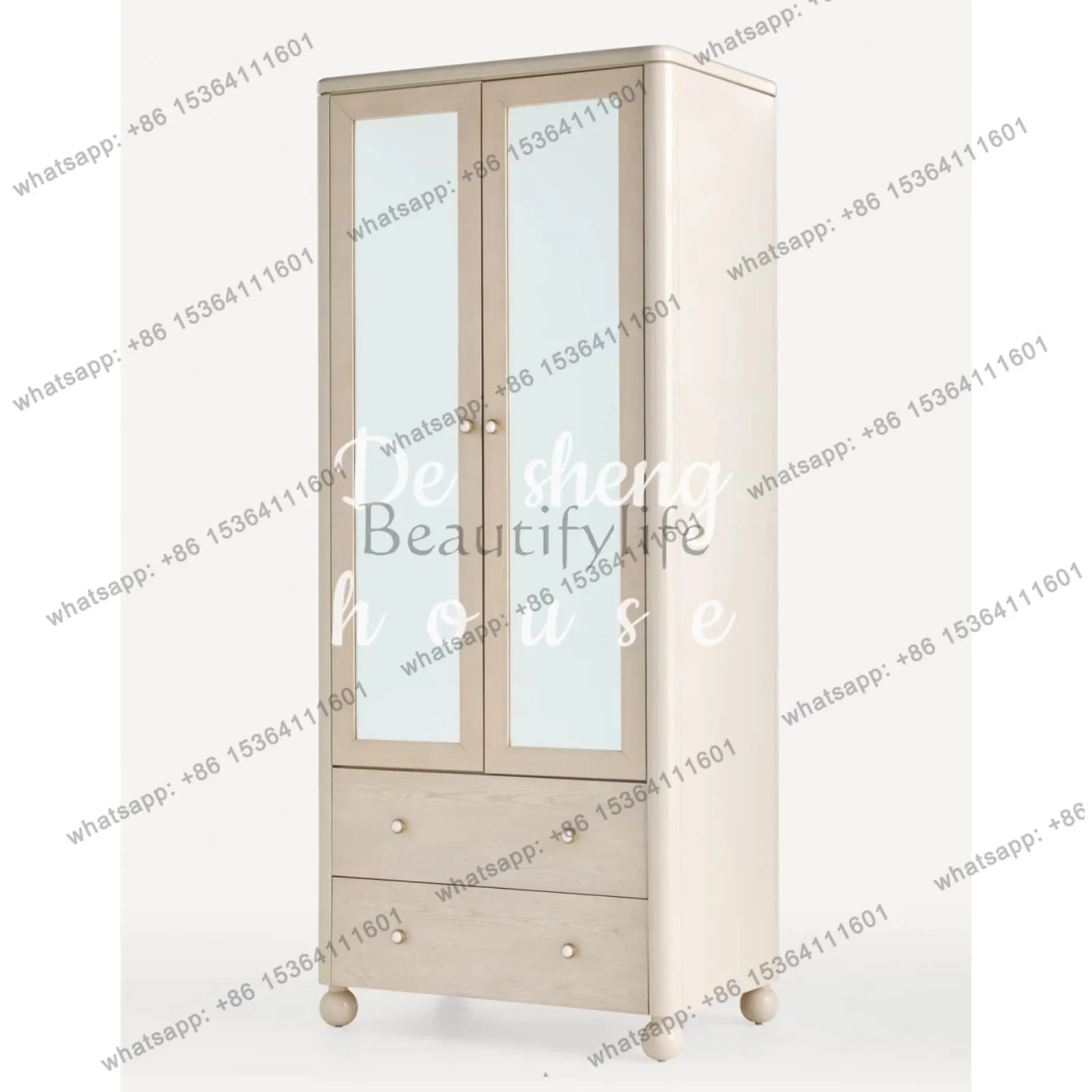 French cream style solid wood double door swing door wardrobe with clothes rod wardrobe can be customized