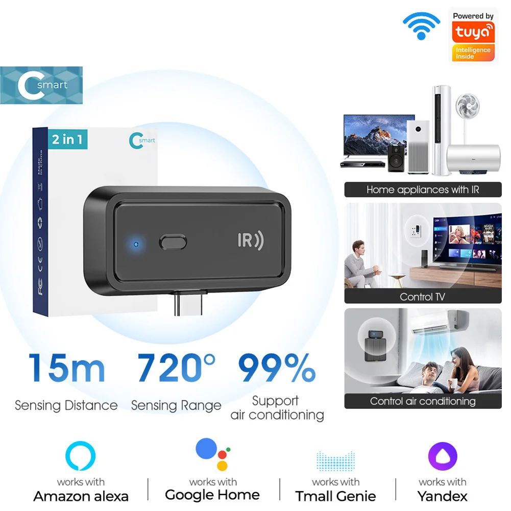 جهاز تحكم عن بعد صغير ذكي WiFi BT يعمل مع Alexa Google Home IR للتحكم عن بعد بالأشعة تحت الحمراء لمكيف الهواء التلفزيوني