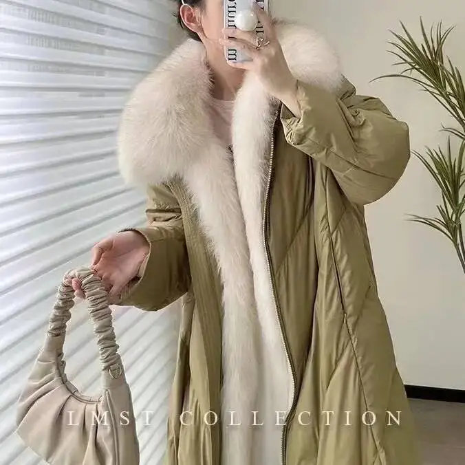 UMI MAO เสื้อแจ็คเก็ตดาวน์ยาวผู้หญิงฤดูหนาวใหม่หนาการออกแบบเฉพาะพร้อมขนสุนัขจิ้งจอกคอปกขนาดใหญ่เสื้อแจ็คเก็ตดาวน์ผู้หญิง