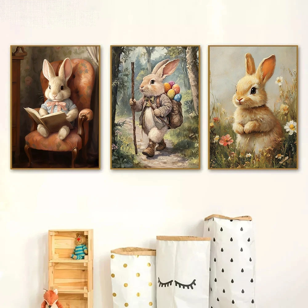 A Traveling Rabbit Easter Bunny Cute Rabbit Eat Carrots Return To The Ancients Fashion Wall Art Canvas Painting Nordic Poster