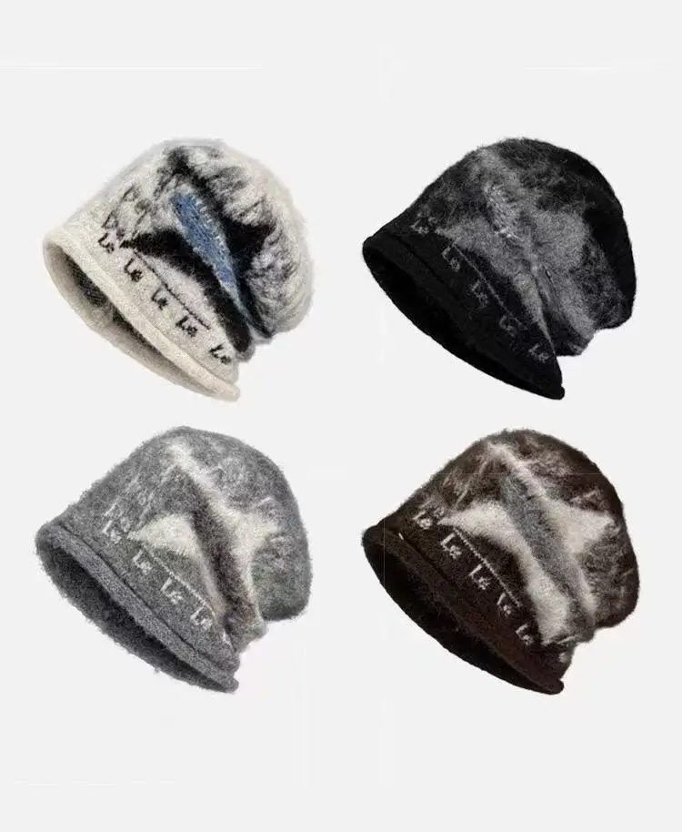 Retro rolled-edge star embroidery knitted pull-over hat for warmth and ear protection, cold hat.