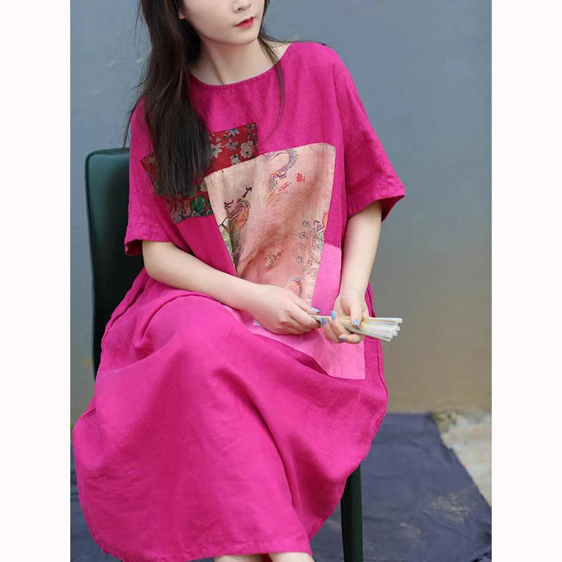 

Spring Summer Arts Style Women Batwing Sleeve O-neck Long Dresses Good Quality Cotton Linen Patch Designs Vintage Loose Dress