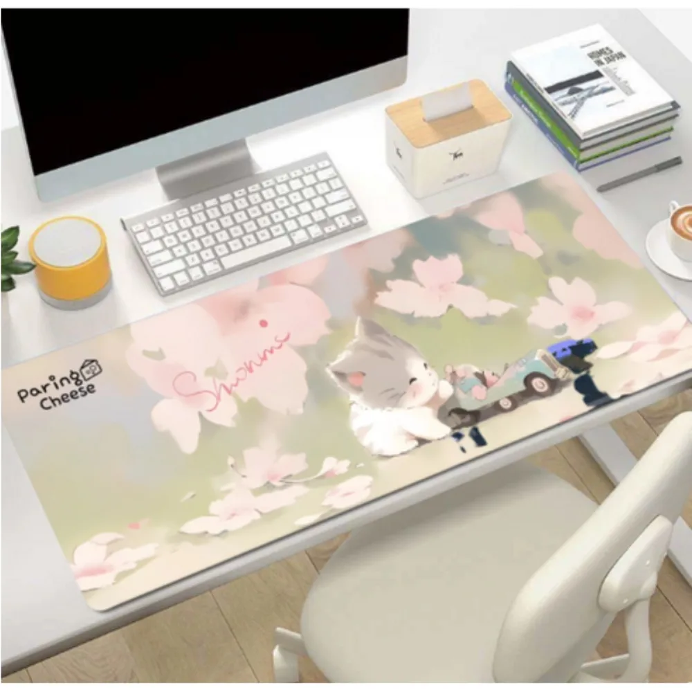 Spring cherry blossom cute tabby cat mouse pad, healing watercolor wind oversized table mat, non-slip office game mat