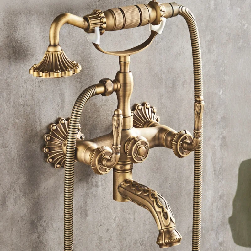 Antique Bathroom Shower Faucet Brass Bathtub and Shower Faucet Wall-Mounted Bath And Shower Faucet Classical Dual Handle