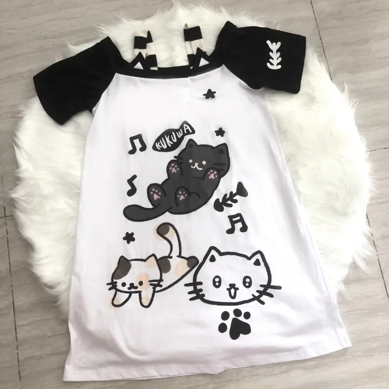 Kot słodkie luźne nadruk kreskówkowy letnie Kawaii T-Shirt Y2k Harajuku koszule z krótkimi rękawami 2024 dziewcząt kobiety białe casualowe japońskie