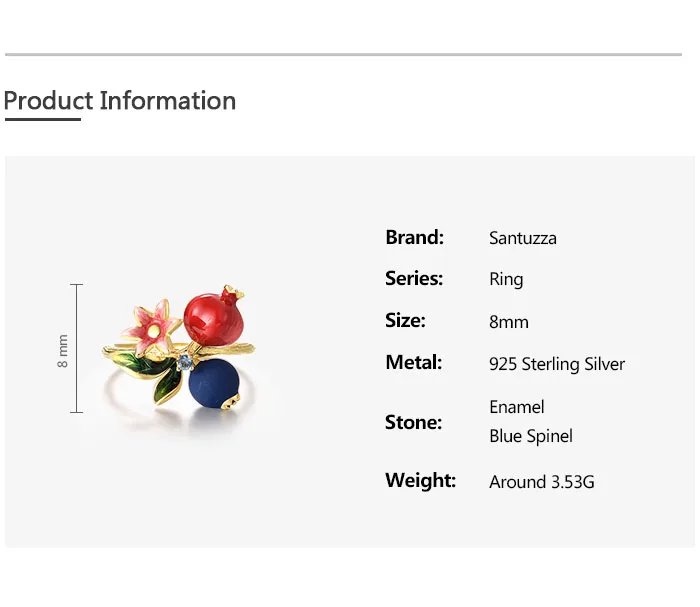 SANTUZZA Authentische 925 Sterling Silber Ringe für Frauen, Niedliche Blaubeeren & Granatapfel Emaille Früchte, Zarte Blumen, Edle Schmuckstücke – Detail 6