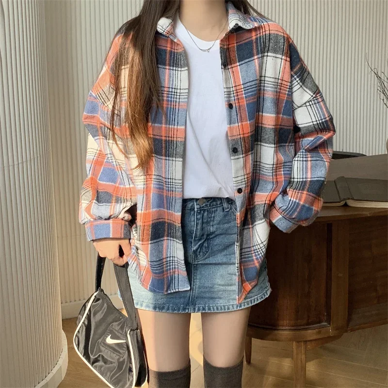 Flannel Plaid Shirt Women Long Sleeve Collared Button Down Oversized Check Blouse Shacket Female Street Style Casual Outfit