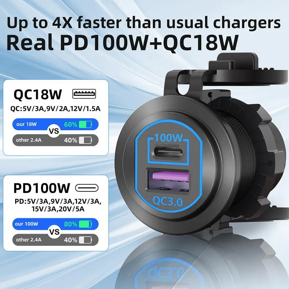 

Автомобильное зарядное устройство с USB-розеткой 118 Вт, 12 В, 100 Вт PD3.0 и 18 Вт QC3.0, автомобильные USB-порта для быстрой зарядки, алюминиевая розетка для автомобиля, морской тележки на колесах