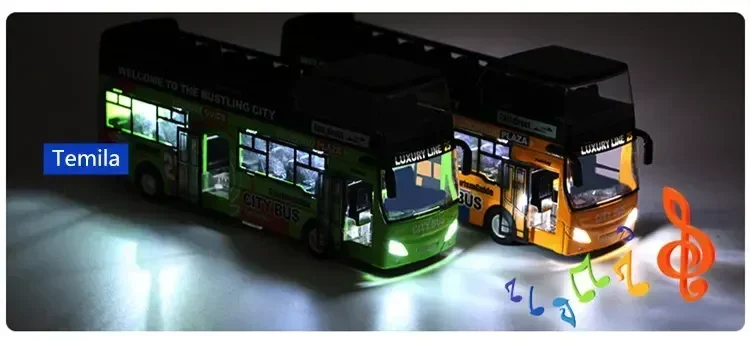 Som e luz eletrônica ônibus turístico de dois andares modelo de liga ônibus de passeio urbano com porta aberta modelo de coleção presente para crianças