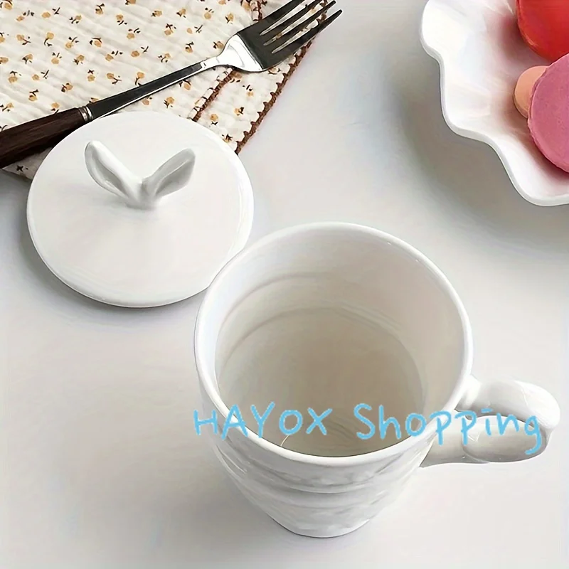 Charming Princess Rabbit Ears Ceramic Cup，Coffee Milk Cup with Lid and Handle, Microwave Safe, Suitable for Afternoon Tea Mug