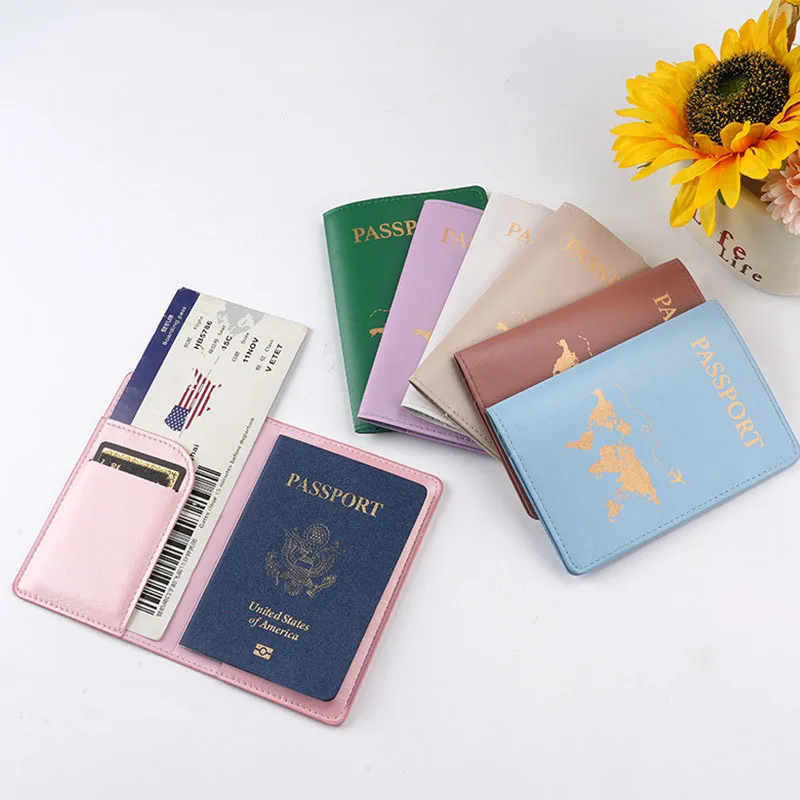 PU Leather Passport Cover with World Map Airplane Design Travel ID Card Ticket Holder Document Case for Women And Men
