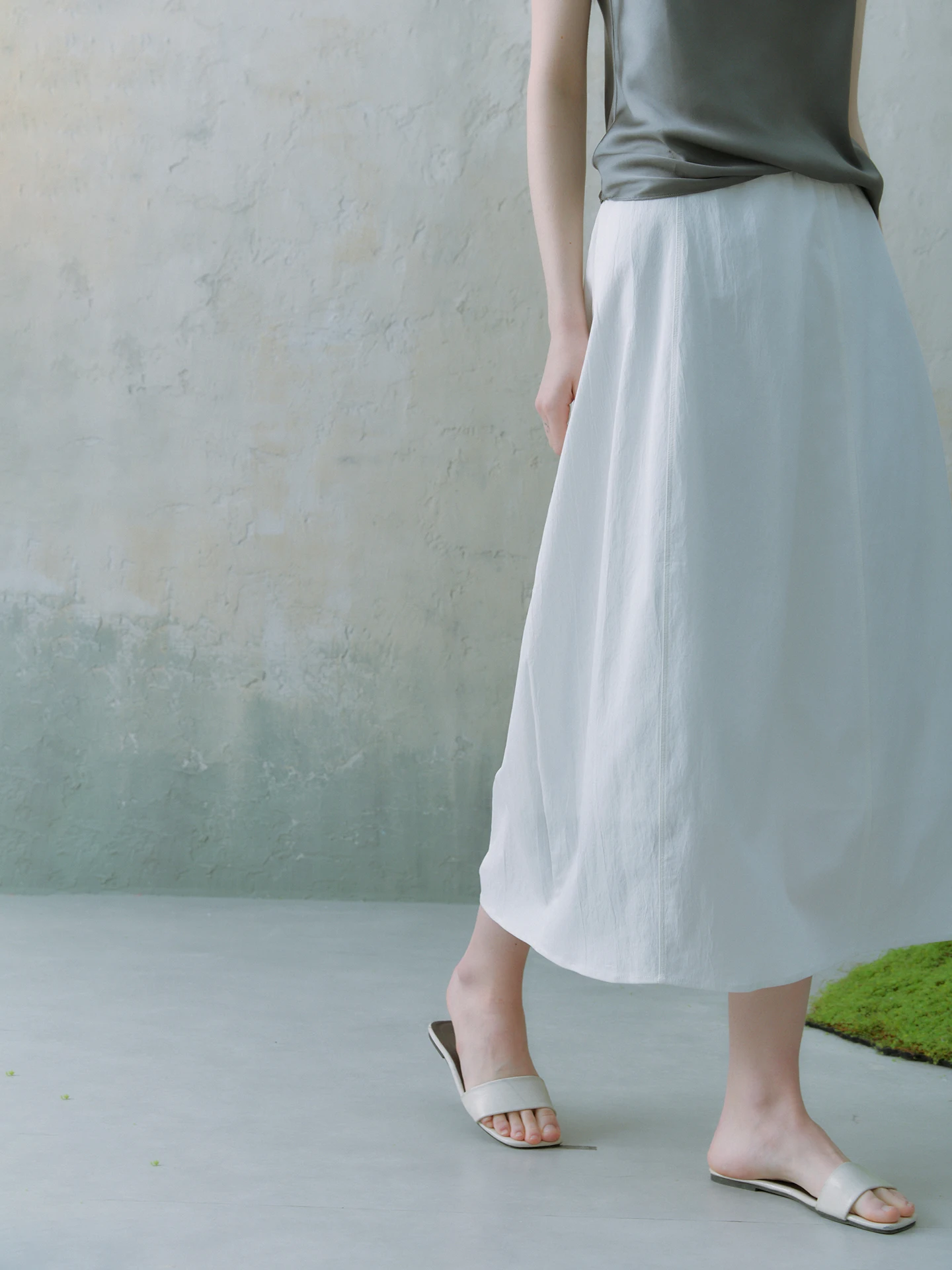 

Oz Original Pleat Silent Half Skirt Women's Spring Summer Inner Drawstring Mid-Length Floral Bud Cotton Blend Skirt