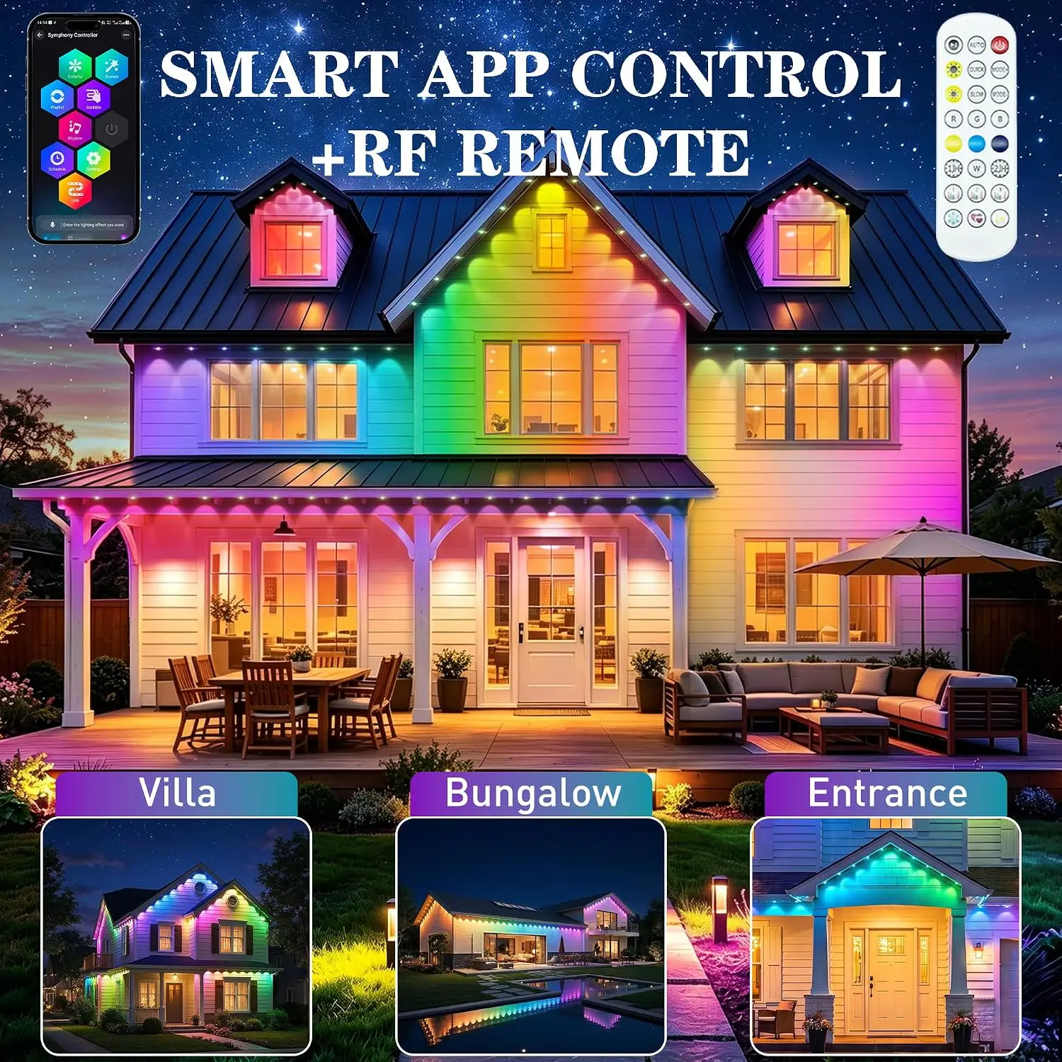 Permanent Outdoor Eaves Lights, 500FT RGB+IC Smart Addressable, IP67 Waterproof, App & Voice Controlled, Holidays