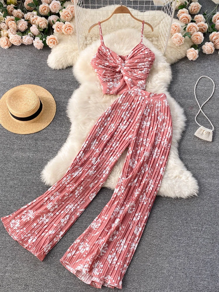 Women Summer Casual Pants Suit 2 Piece Set Female Floral Print Sleeveless Top & Wide Leg Pants Female Fashion Outfit