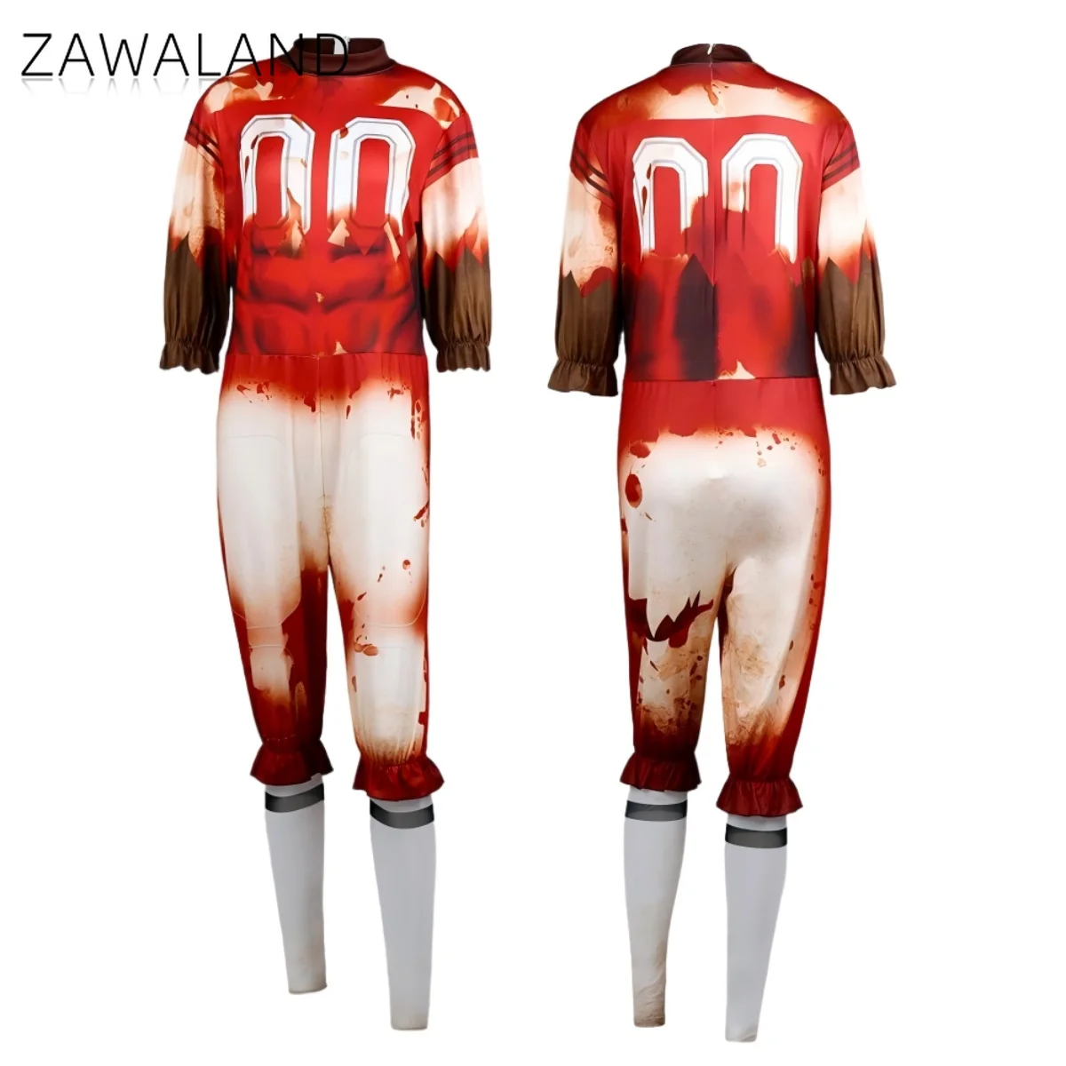 

No 00 Jersey Printed Cosplay Costume Halloween Horror Bloodstain Jumpsuit Unisex Ruffled Sleeves Bodysuit Carnival Stage Clothes