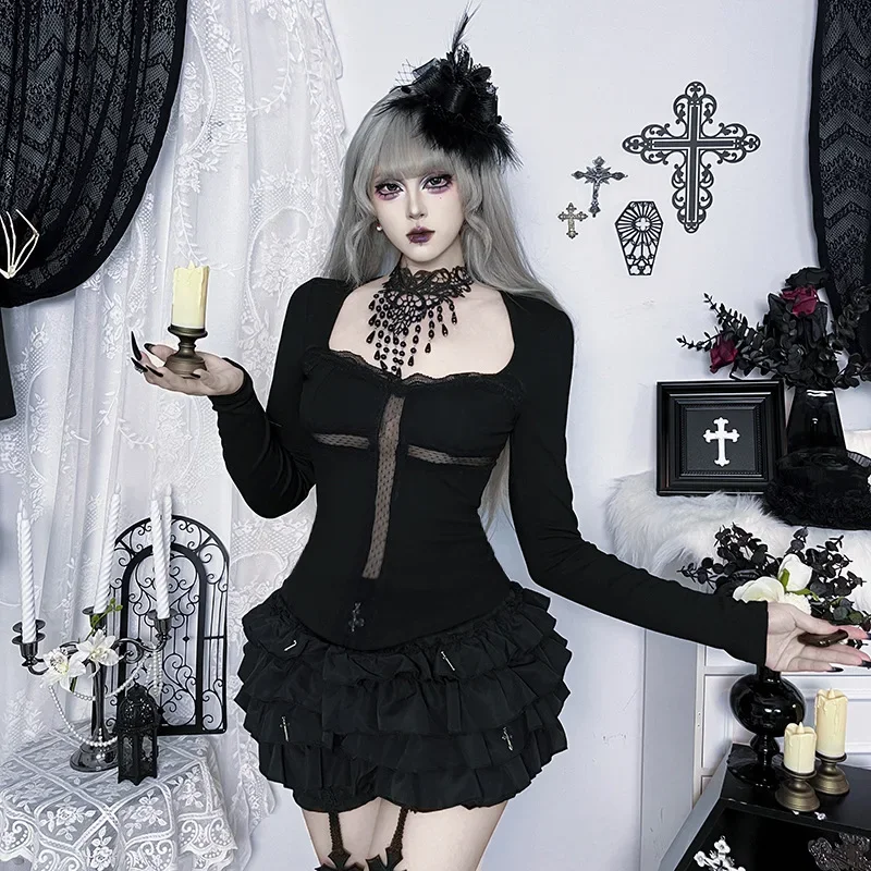 IMU Hollow Out Lace Trim Cross Long Sleeve T-shirts Mall Goth Slim Tops for Women Y2K 90s Casual Tees Solid Streetwear