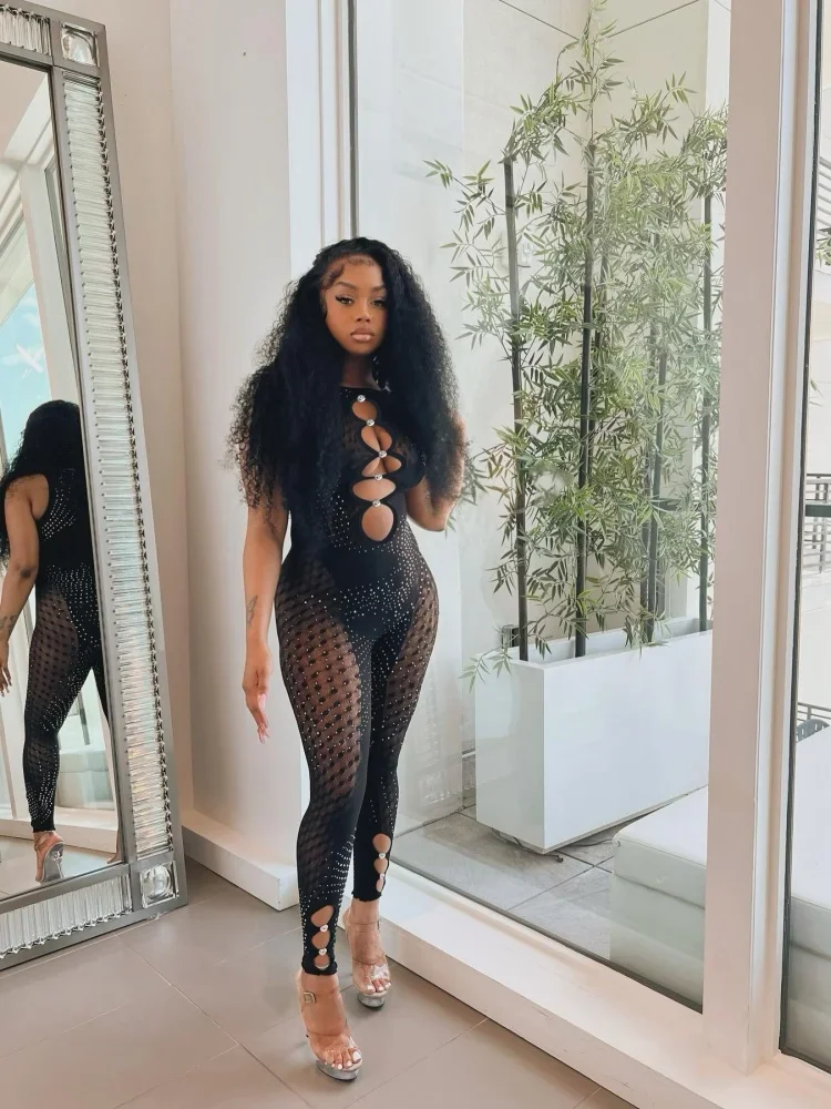 Wmstar  Women Party Jumpsuit Black Sexy Hollow Tight Hot Diamond Mesh Milk Silk Splicing Jumpsuit Wholesale Dropshipping 2024