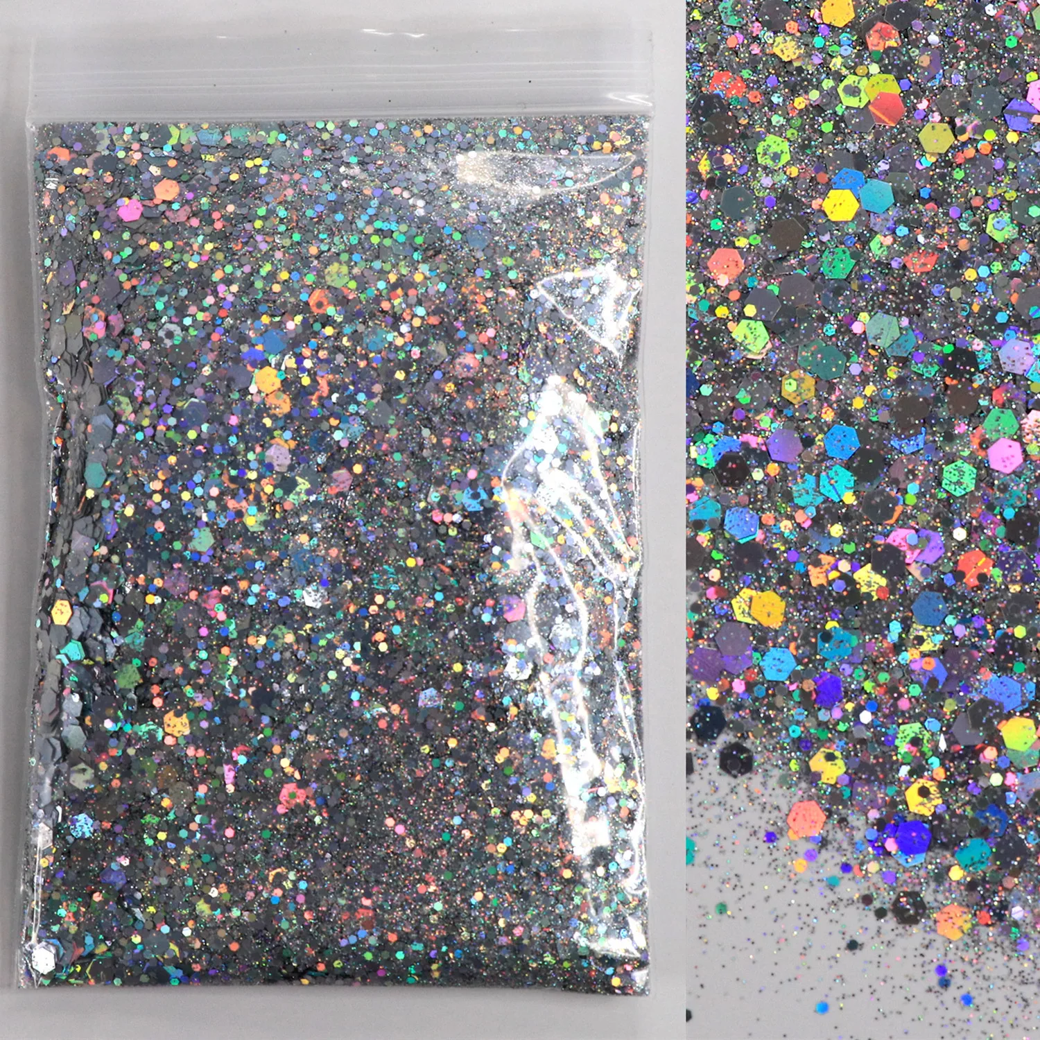 50g Silver Iridescent Nail Art Sequins Nail Chunky Glitter DIY Chrome Powder Sparkly Hexagon Chunky Flakes Manicures Decorations