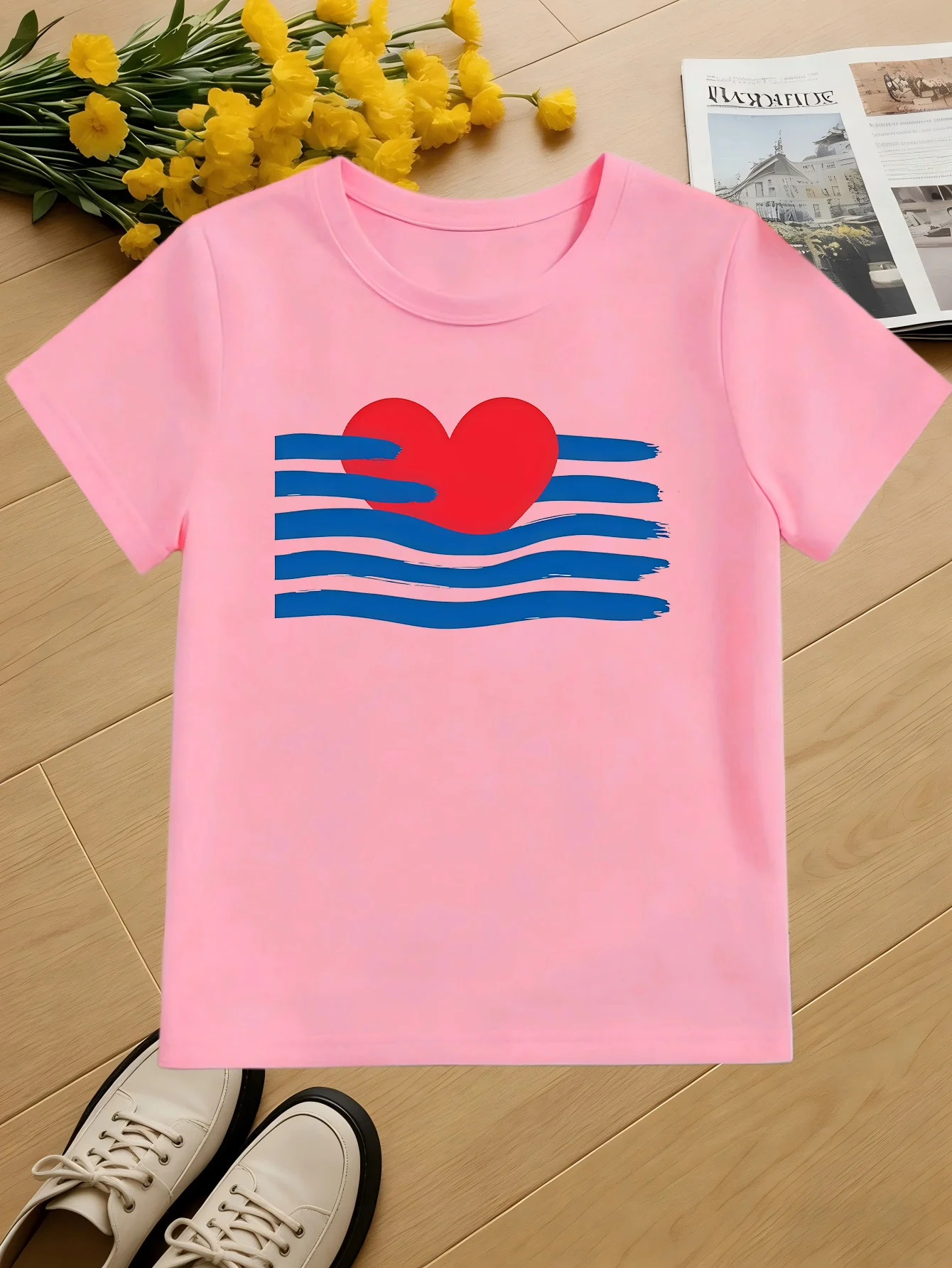 Red Heart Blue Wave Kids Simple Love Graphic Print Boys Girls Family Matching Cotton Summer Short Sleeve Basic Children Tshirt