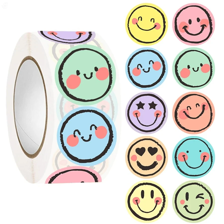 

500 Pcs Colorful Round Face Stickers – Pastel Gradient Expressions, Self-Adhesive Matte Labels for Scrapbooking, Journals