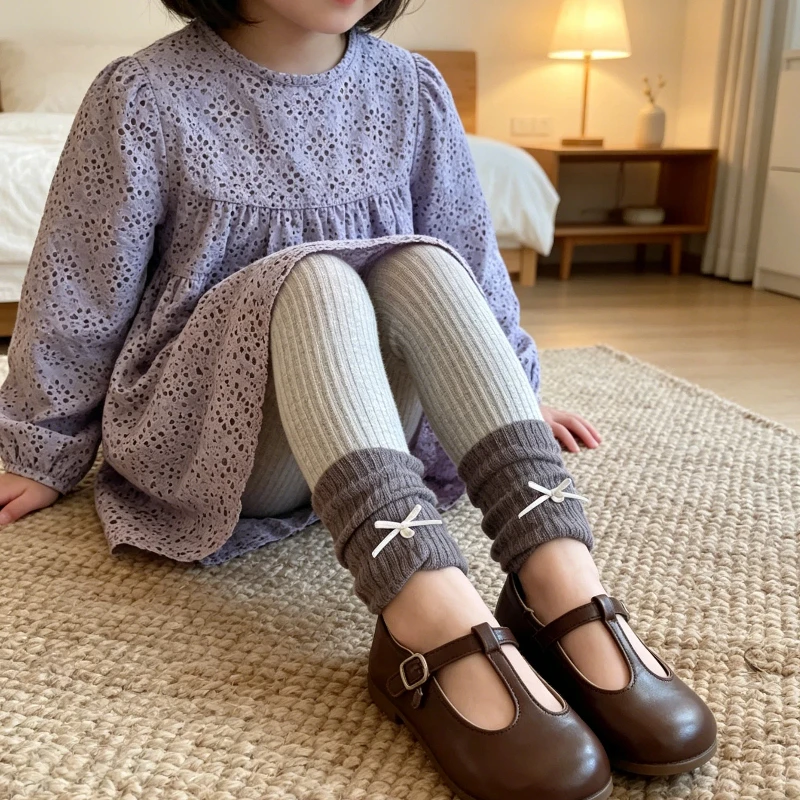 Lovely Color Block Nine-Point Pants for Girls Silver Tag Bow Decor Rolled Cuff Design Skin-Friendly High Elastic Comfort Bottoms