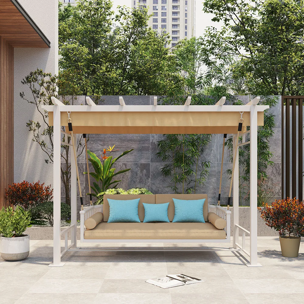 *Y- Mediterranean Luxury Aluminum Porch Swing with Stand and Canopy, Heavy-Duty Outdoor Patio Villa Backyard Swing Sofa